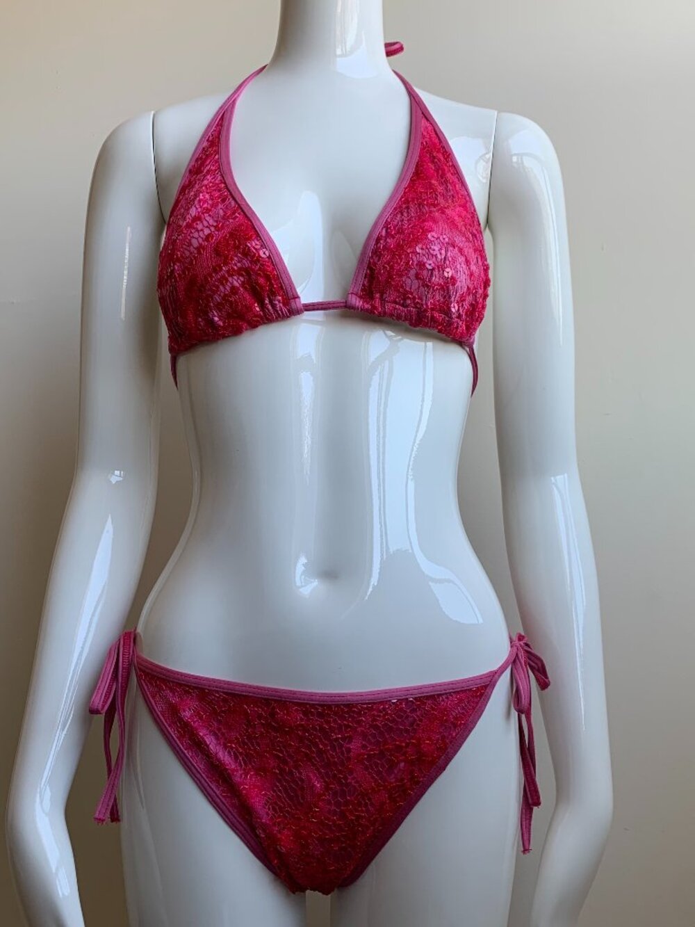 Sauvage pink sequin crochet lace triangle bikini